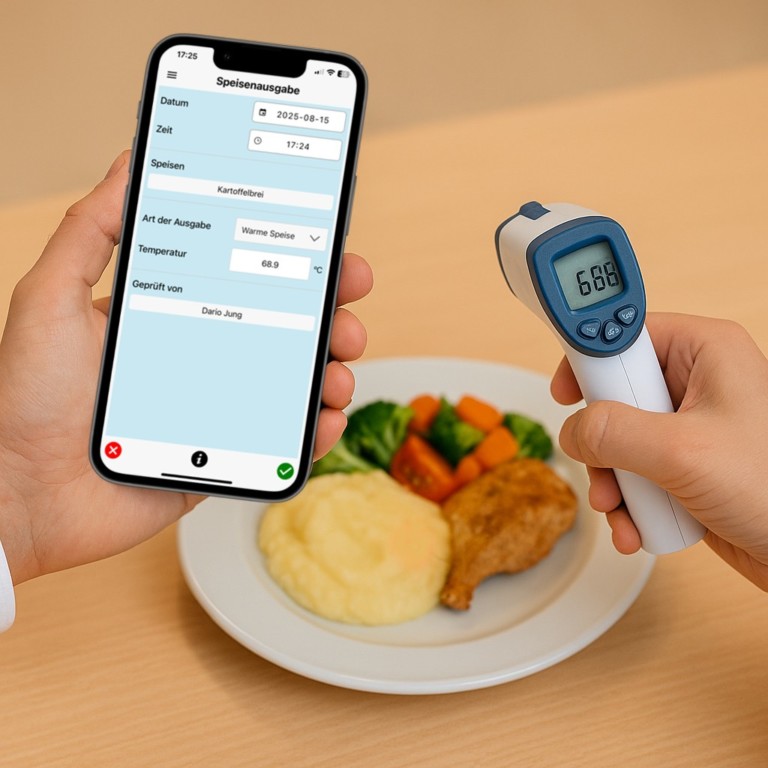 Alcomo HACCP in Altersheim mit App und Thermometer